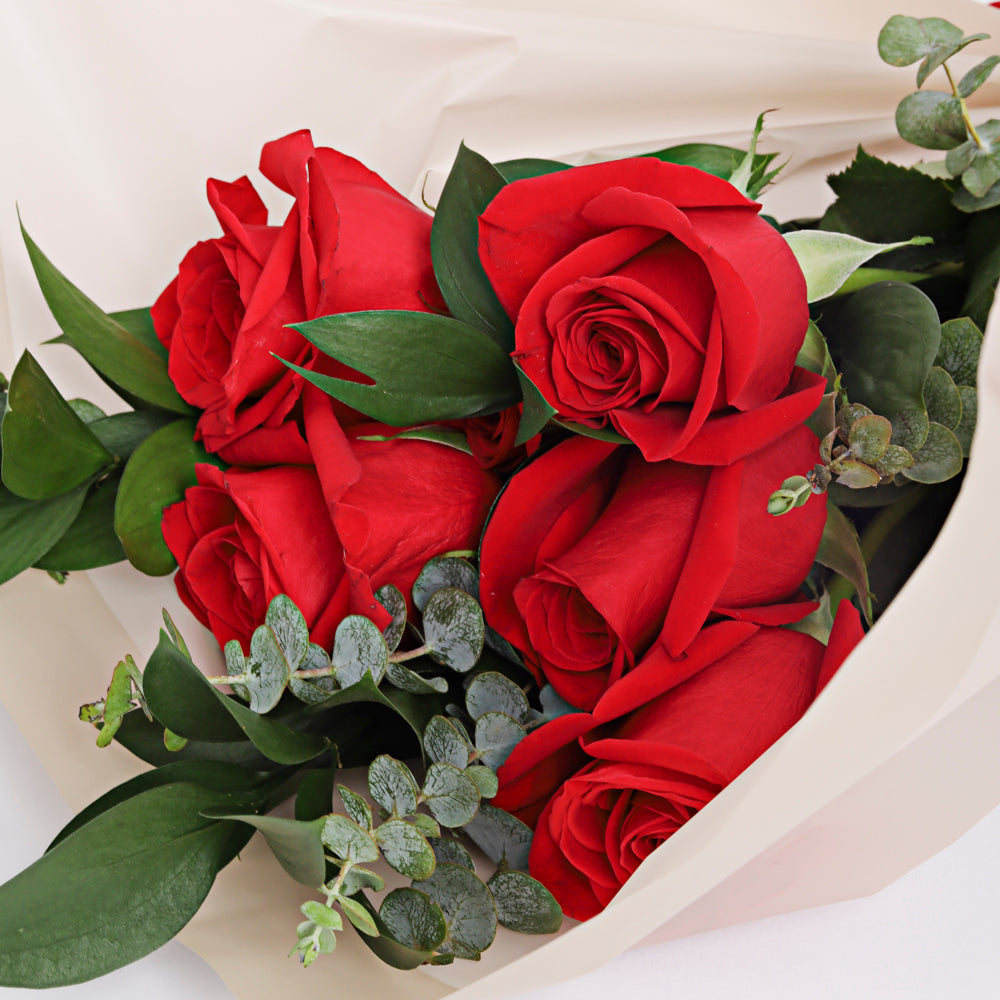 Bouquet de 6 rosas rojas/rosadas